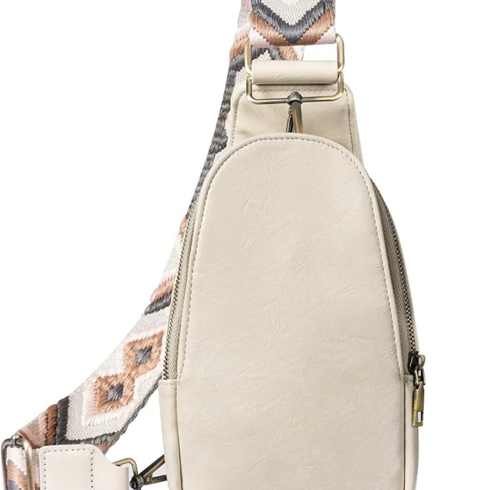 Sling Bag Small Crossbody - Beige w/ multi/fun Strap